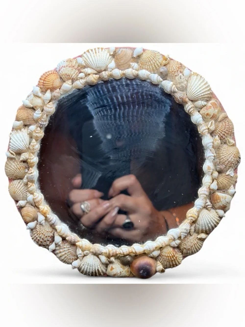 Vintage Handmade Seashell Boho Mid Century Coastal Mermaid Round Shell Mirror